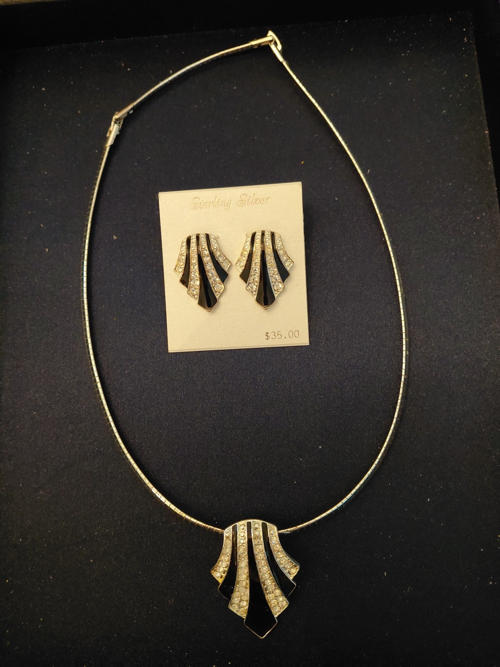 Nina Ricci Black and Silver Crystal Pendant Necklace with Matching Earrings Set